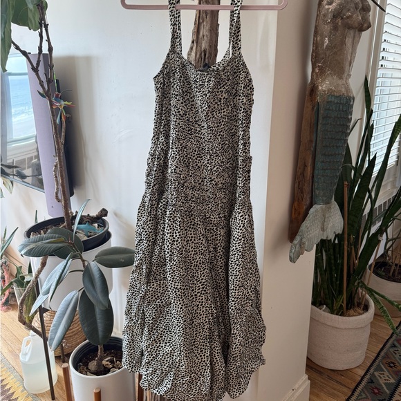 J. Crew Black and White Smocked Midi Dress with Tiered Skirt spots - Picture 6 of 6